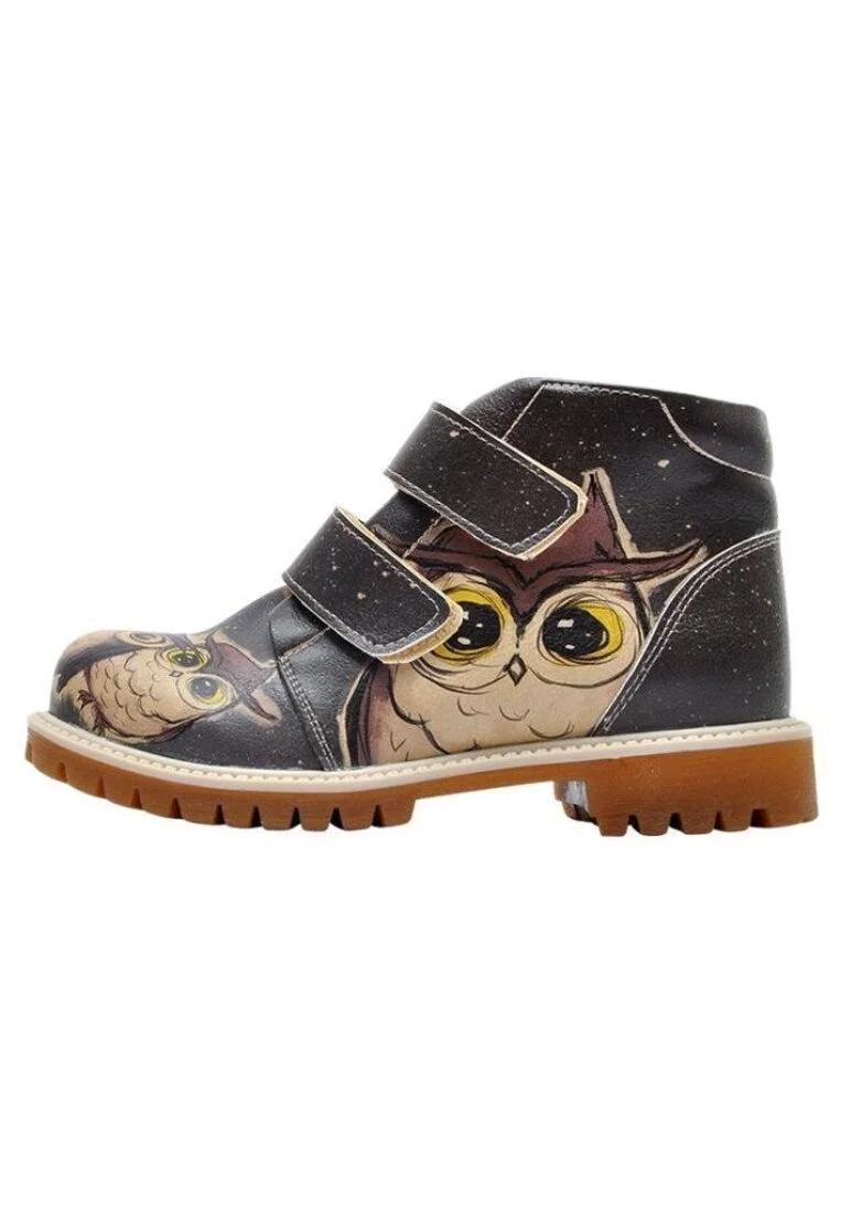 Enfants Cuir Vegan Noir Bottes - Owls Family Motif