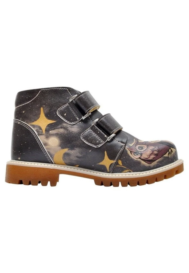 Enfants Cuir Vegan Noir Bottes - Owls Family Motif