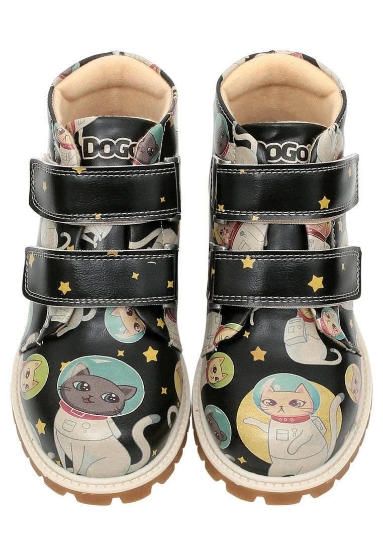 Enfants Cuir Vegan Noir Bottes - Cats of Space Motif