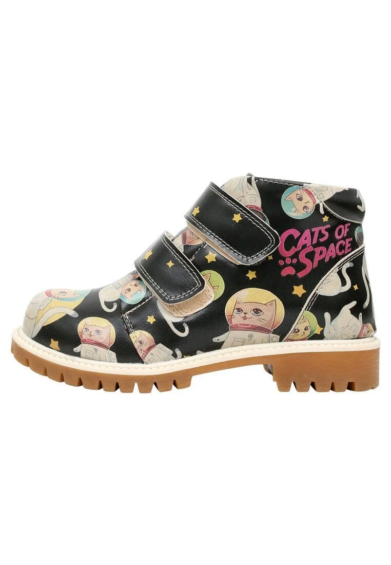Enfants Cuir Vegan Noir Bottes - Cats of Space Motif