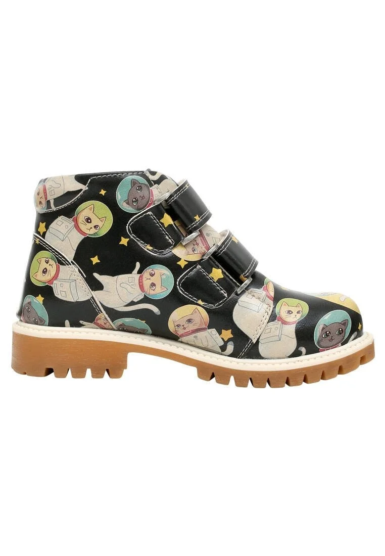 Enfants Cuir Vegan Noir Bottes - Cats of Space Motif