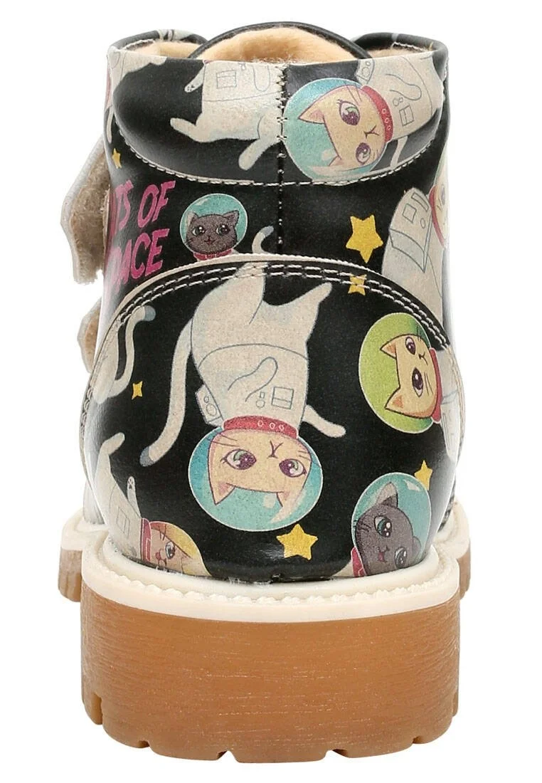 Enfants Cuir Vegan Noir Bottes - Cats of Space Motif