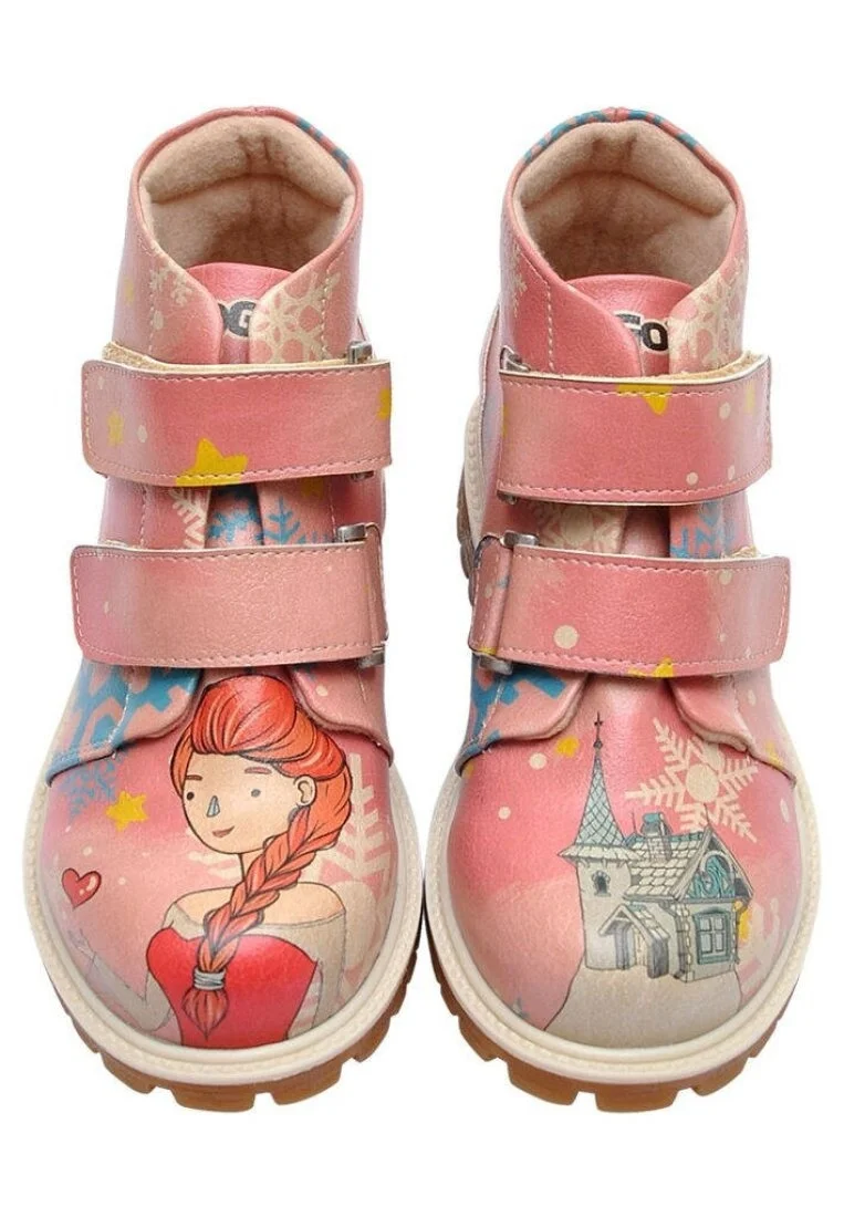 Enfants Cuir Vegan Rose Bottes - Fire Girl on Snow Motif