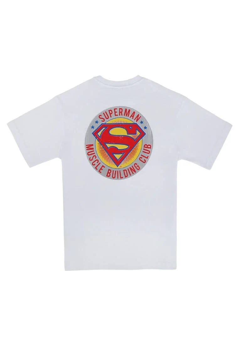 Erkek Vegan Beyaz T-Shirt - Warner Bros Superman Muscle Building Club Tasarım