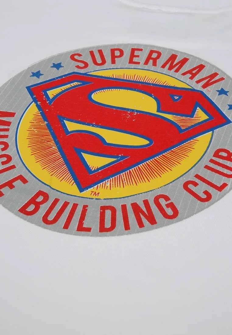 Erkek Vegan Beyaz T-Shirt - Warner Bros Superman Muscle Building Club Tasarım