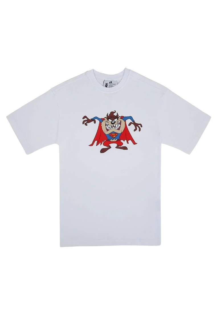Erkek Vegan Beyaz T-Shirt - Warner Bros Tasmanian x Superman Tasarım