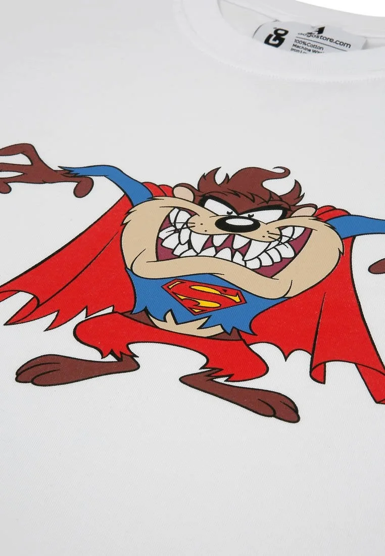 Erkek Vegan Beyaz T-Shirt - Warner Bros Tasmanian x Superman Tasarım