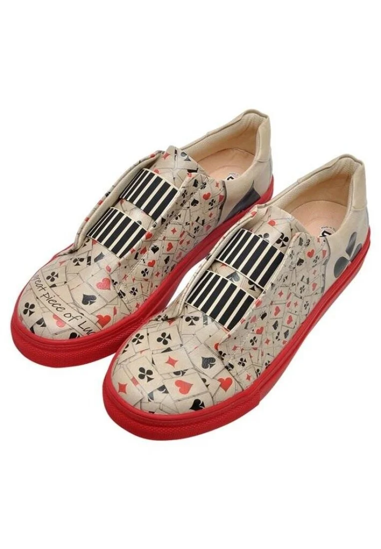 Erkek Vegan Deri Bej Slip On Sneakers - Playing Cards Tasarım