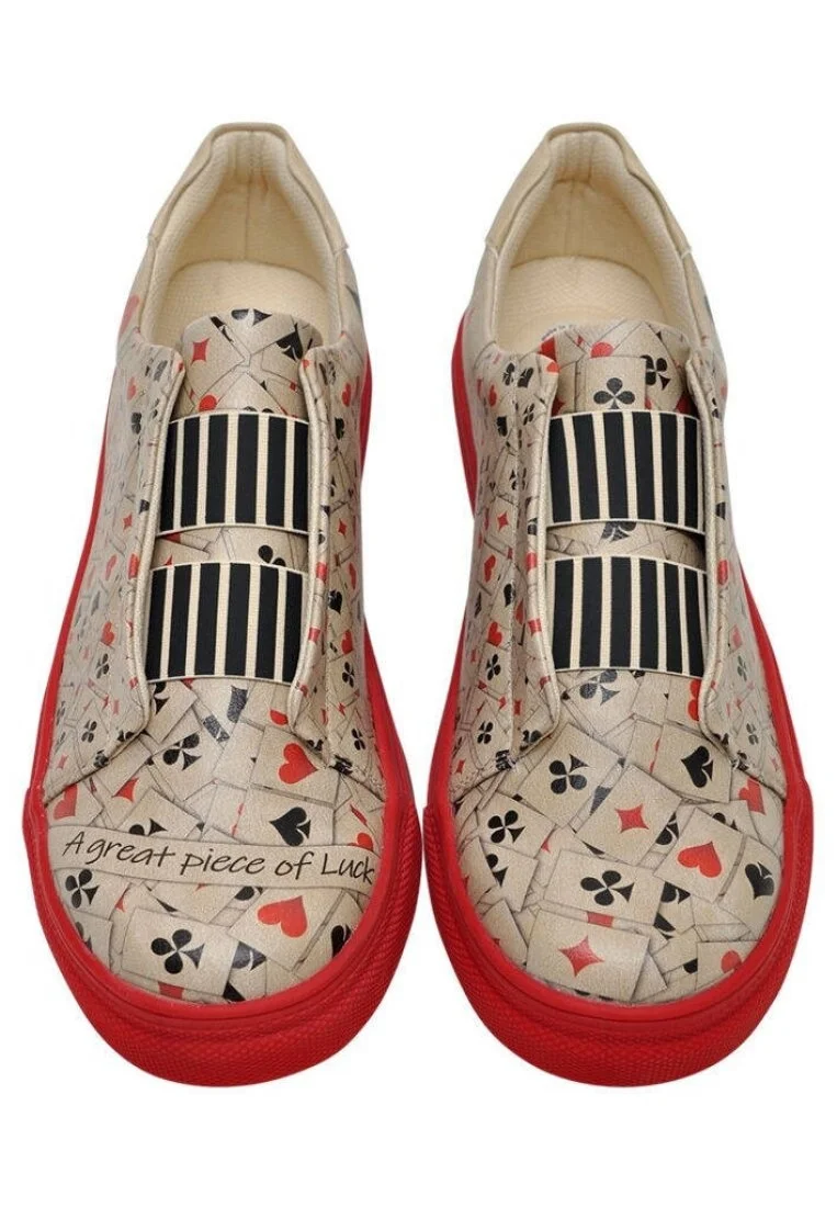 Erkek Vegan Deri Bej Slip On Sneakers - Playing Cards Tasarım