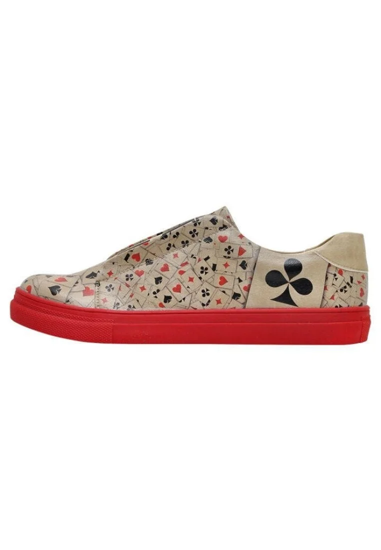 Erkek Vegan Deri Bej Slip On Sneakers - Playing Cards Tasarım