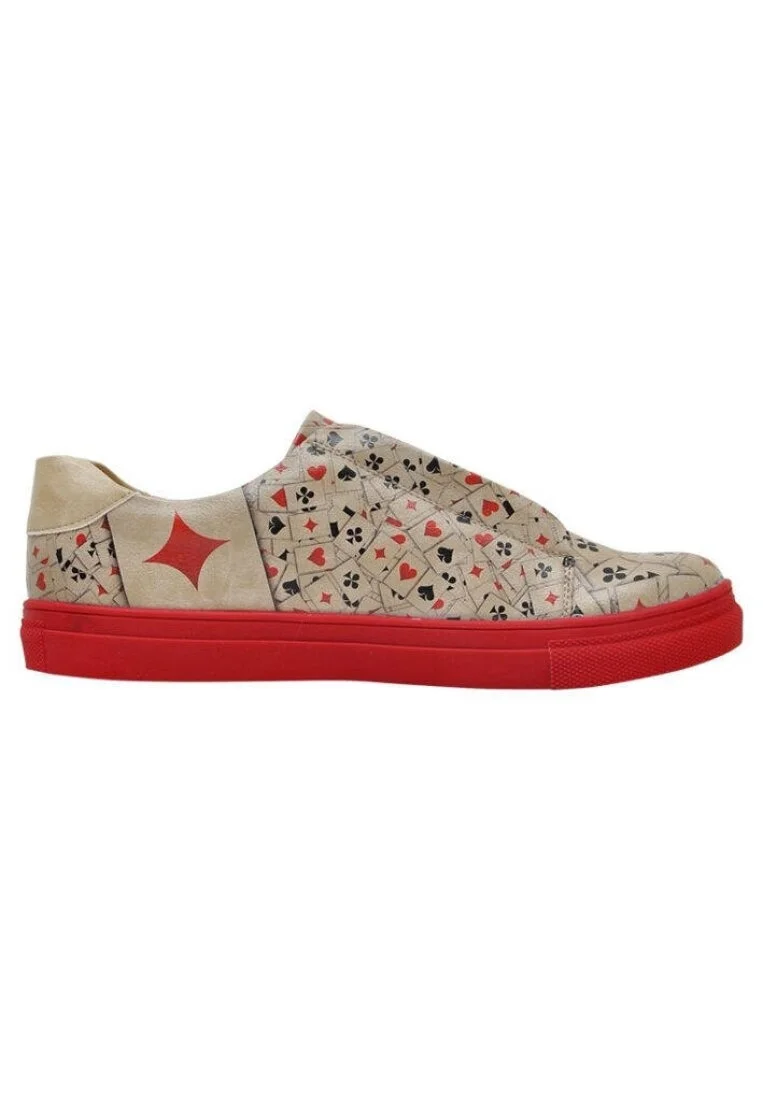 Erkek Vegan Deri Bej Slip On Sneakers - Playing Cards Tasarım