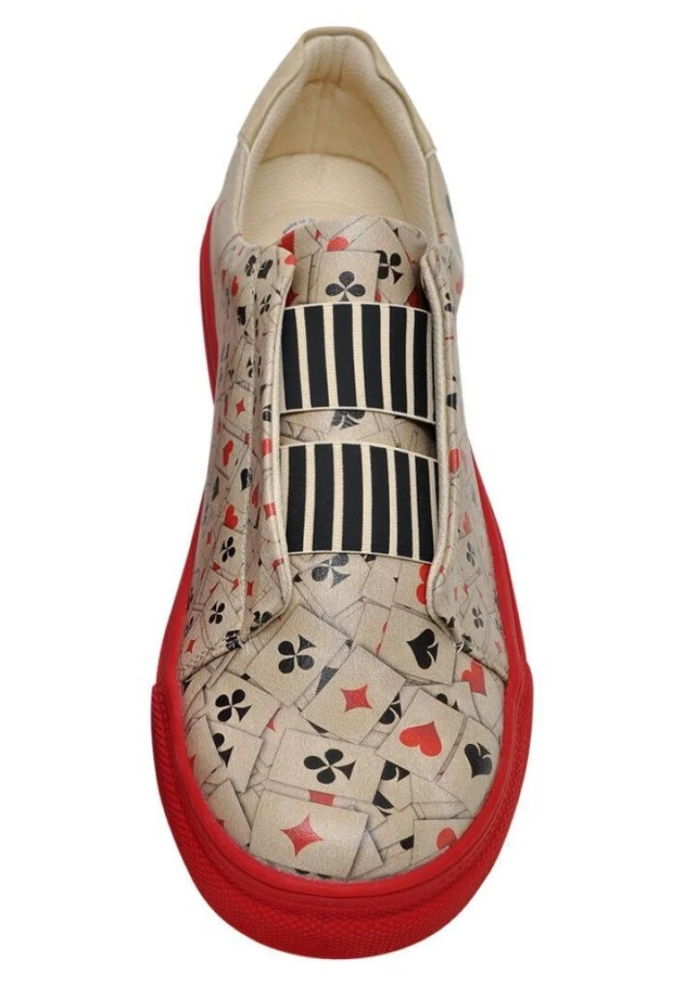 Erkek Vegan Deri Bej Slip On Sneakers - Playing Cards Tasarım