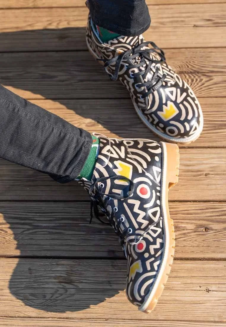 Erkek Vegan Deri Siyah Bilekte Bot - Abstract Outline Black Tasarım