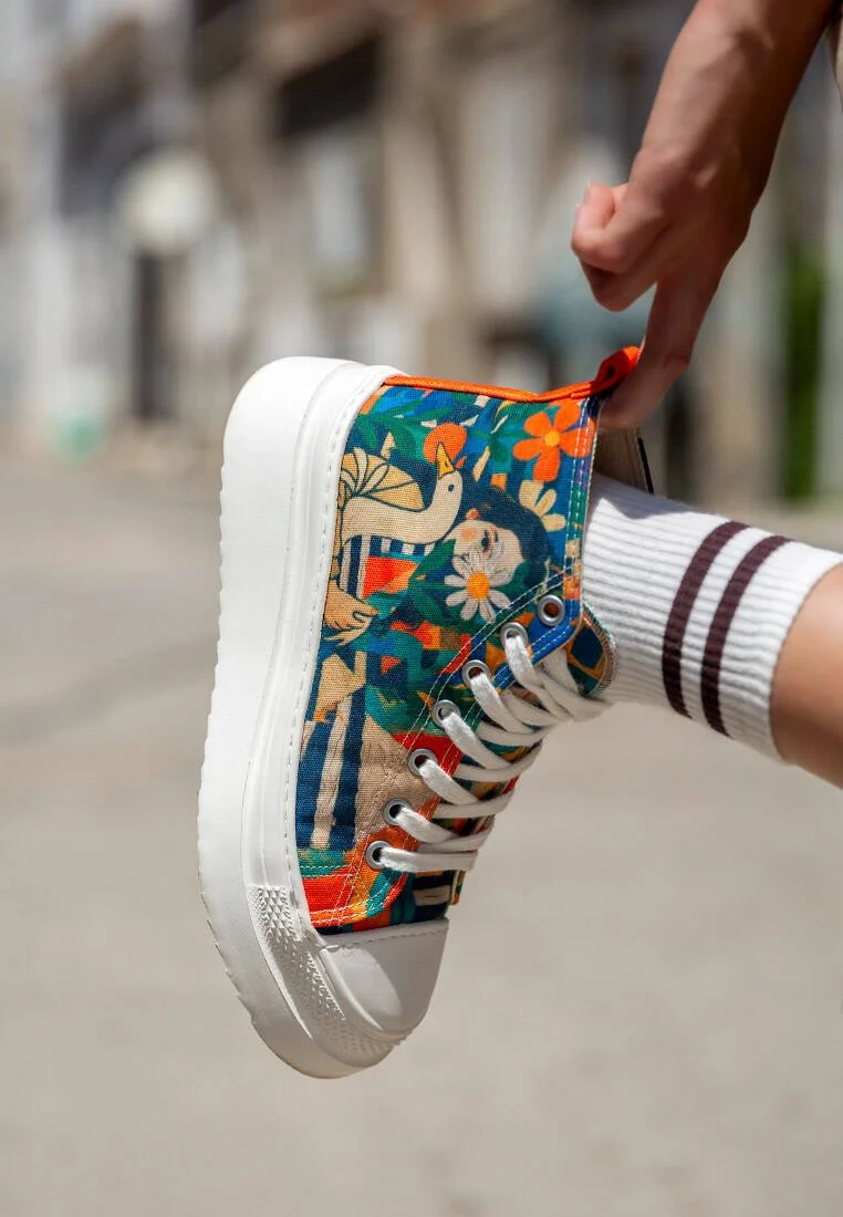 Femme Vegan Multicolore Baskets Montantes à Plateforme - Blossom Hug Motif