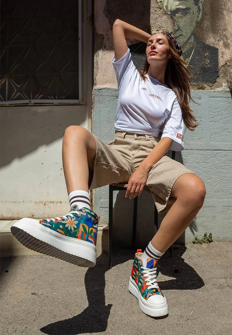 Femme Vegan Multicolore Baskets Montantes à Plateforme - Blossom Hug Motif