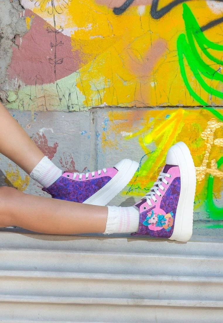 Femme Vegan Multicolore Baskets Montantes à Plateforme - Lady Fluff Motif
