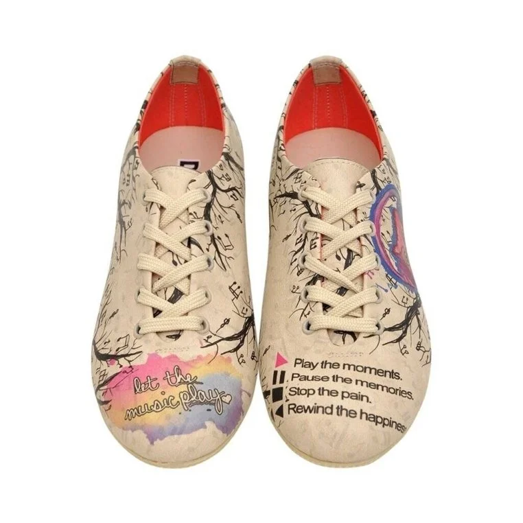 Femme Cuir Vegan Beige Baskets - Let The Music Play Motif