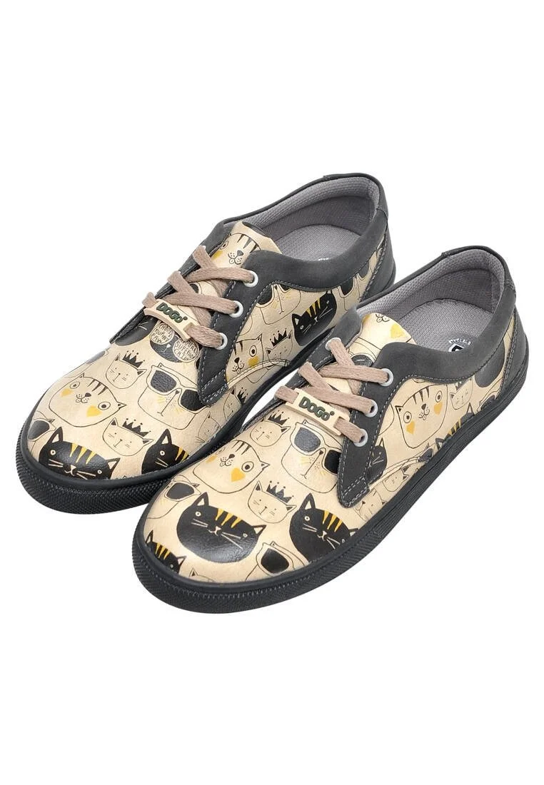 Femme Cuir Vegan Beige Baskets - Monochrome Cats Motif