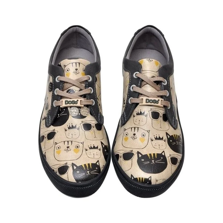 Femme Cuir Vegan Beige Baskets - Monochrome Cats Motif