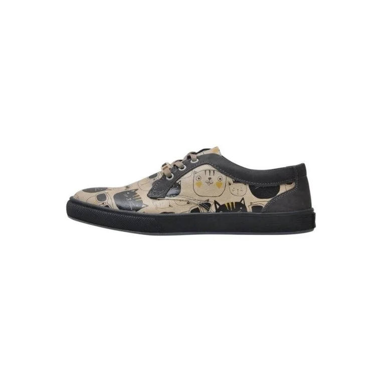 Femme Cuir Vegan Beige Baskets - Monochrome Cats Motif
