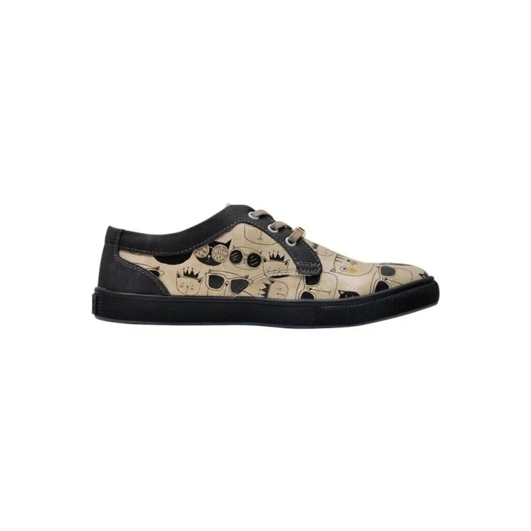 Femme Cuir Vegan Beige Baskets - Monochrome Cats Motif