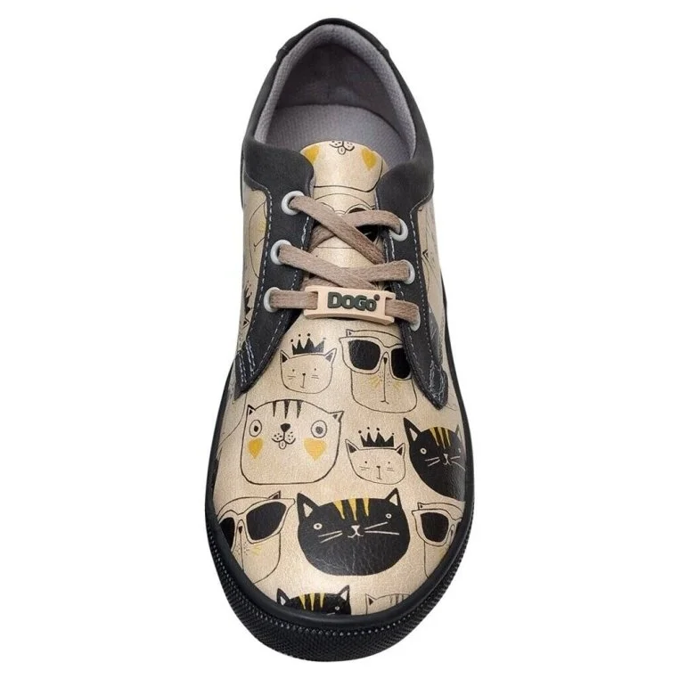 Femme Cuir Vegan Beige Baskets - Monochrome Cats Motif