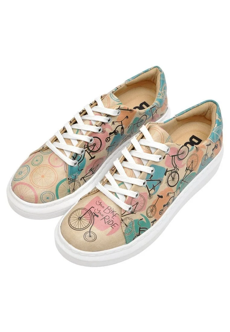 Femme Cuir Vegan Beige Baskets - Your Ride Your Bike Motif