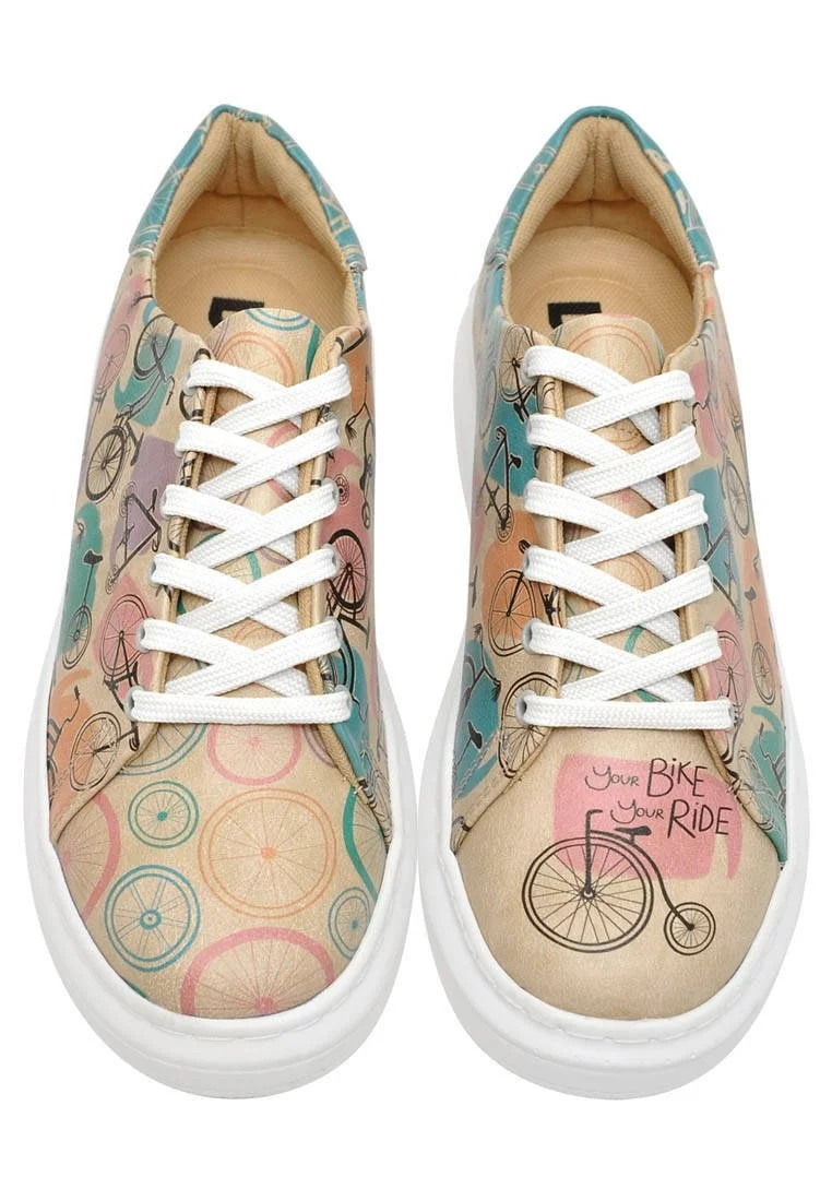 Femme Cuir Vegan Beige Baskets - Your Ride Your Bike Motif