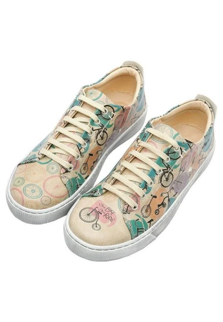 Femme Cuir Vegan Beige Baskets - Your Ride Your Bike Motif