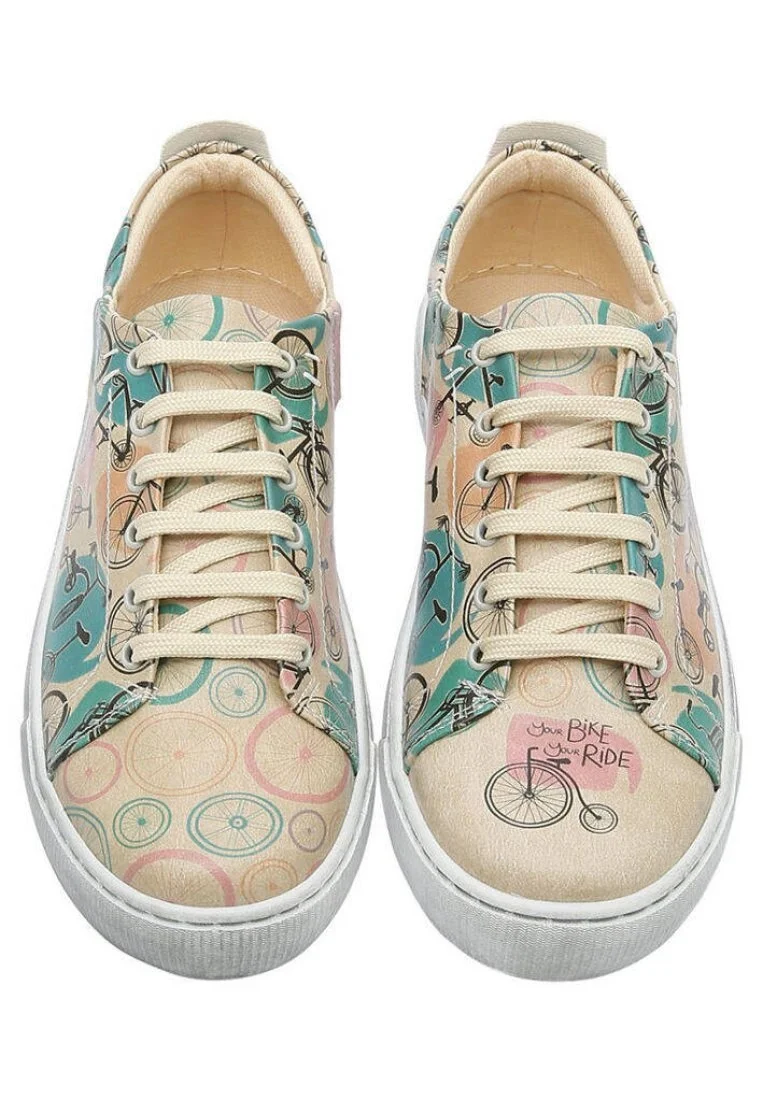 Femme Cuir Vegan Beige Baskets - Your Ride Your Bike Motif
