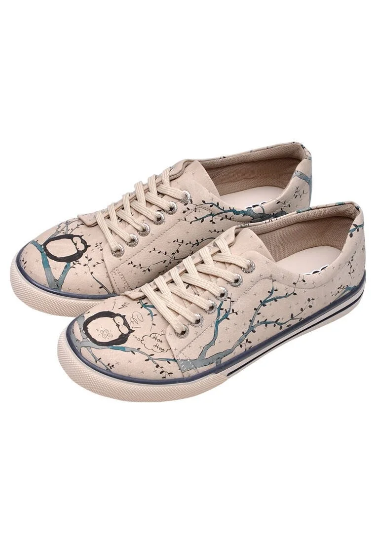 Femme Cuir Vegan Beige Baskets - Owl Motif