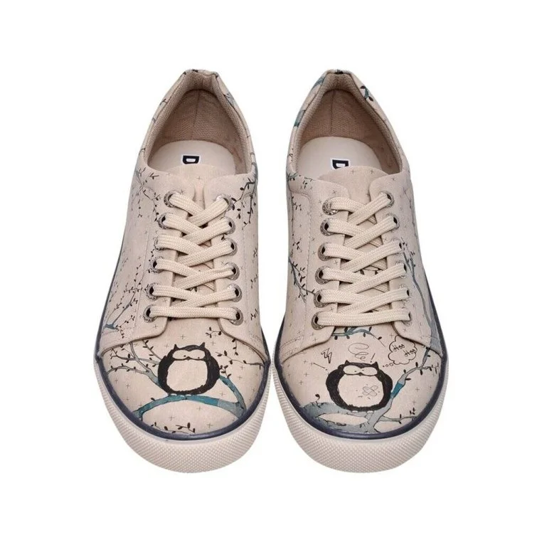 Femme Cuir Vegan Beige Baskets - Owl Motif