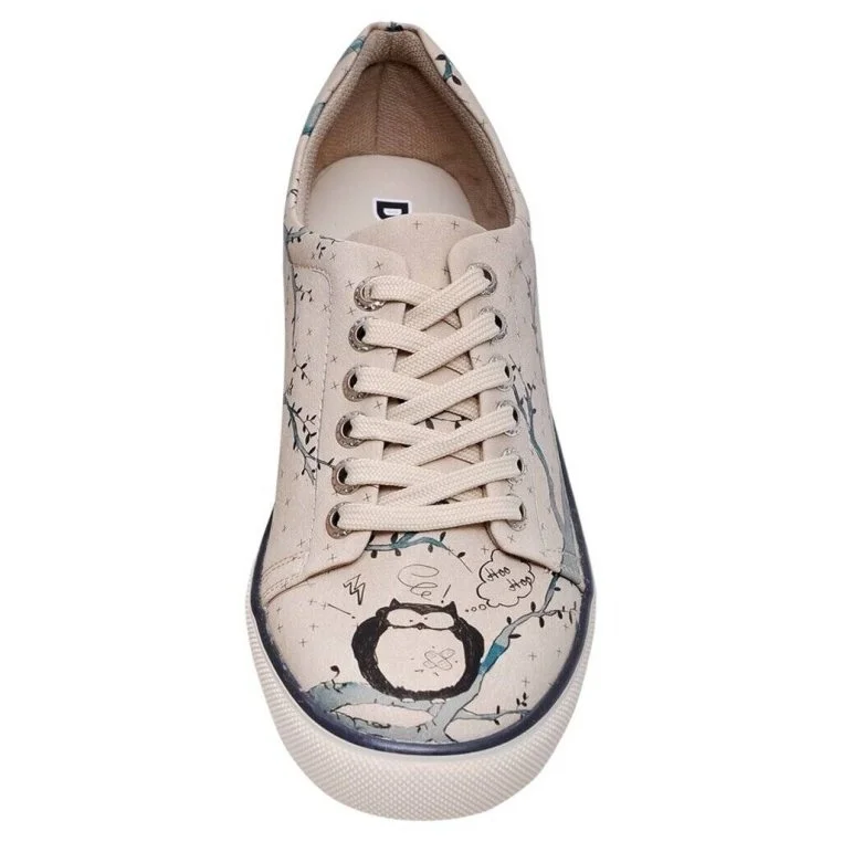 Femme Cuir Vegan Beige Baskets - Owl Motif