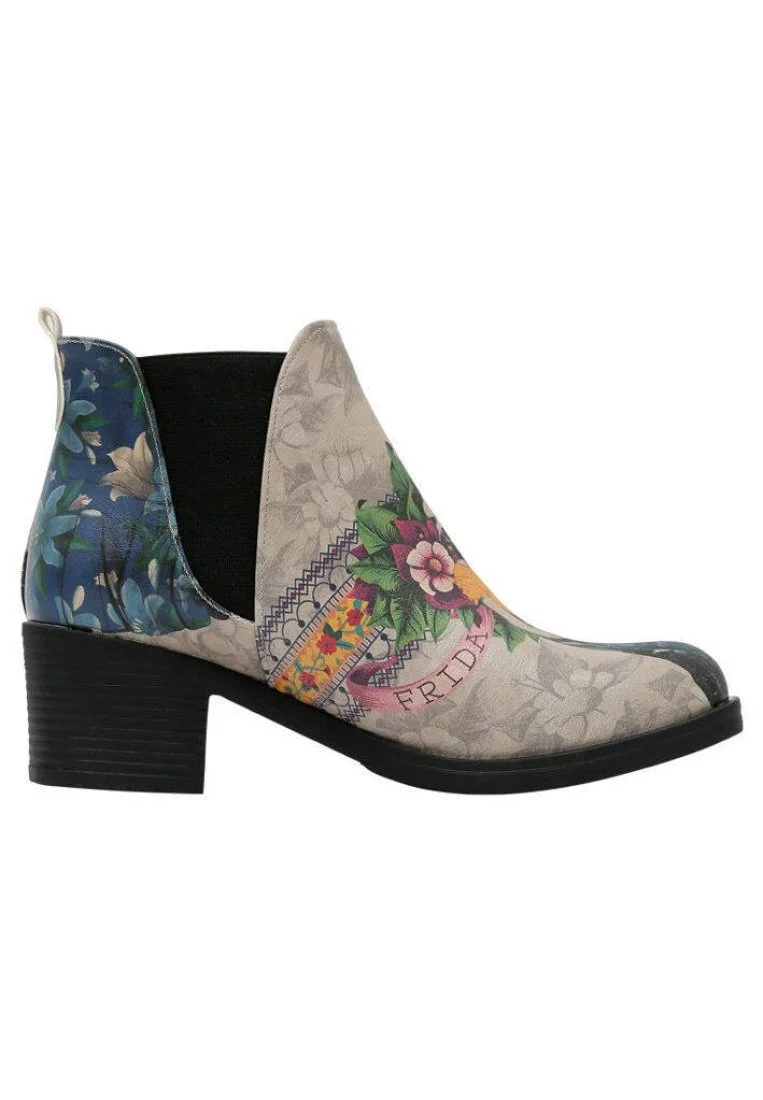 Femme Cuir Vegan Beige Booties - A Flower From The Past Frida Kahlo Motif