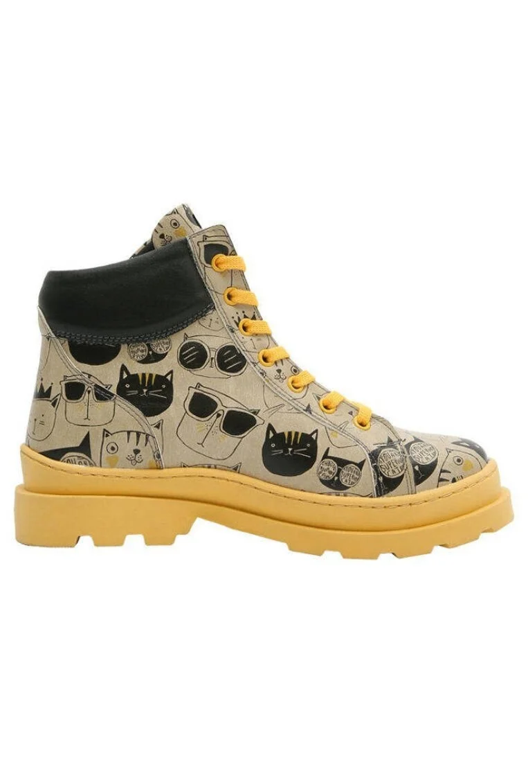 Femme Cuir Vegan Beige Bottes - Monochrome Cats Motif