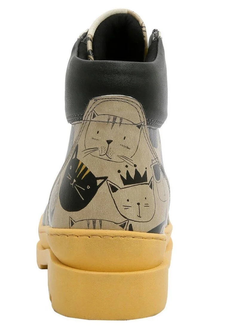 Femme Cuir Vegan Beige Bottes - Monochrome Cats Motif