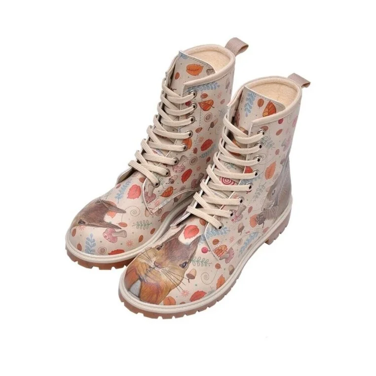 Femme Cuir Vegan Beige Bottes Longues - Squirrel Motif