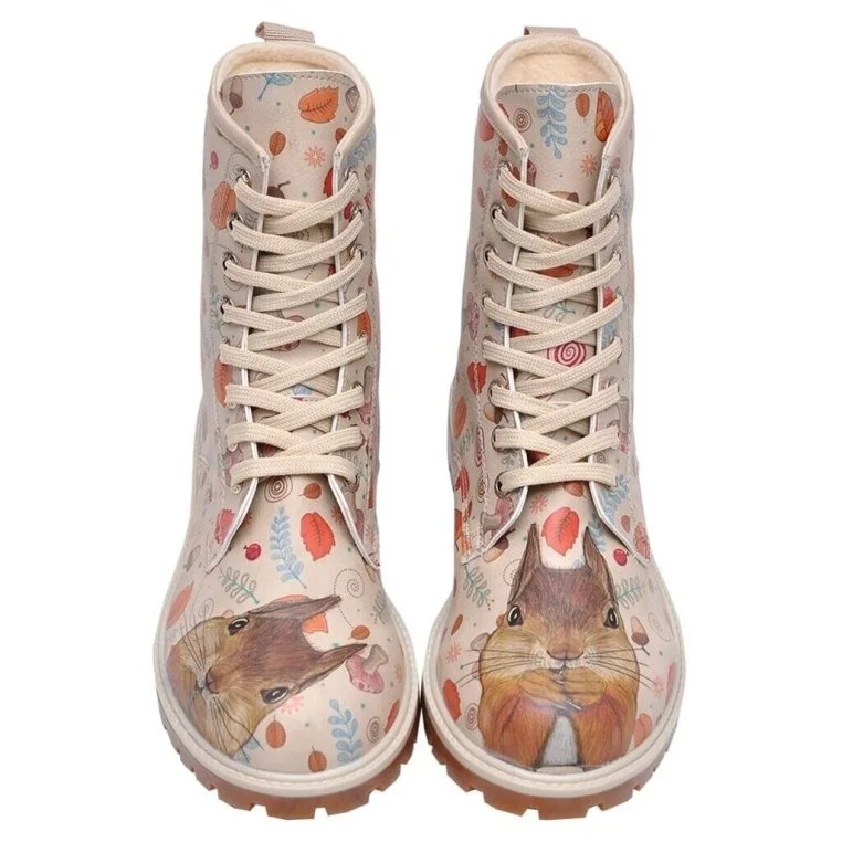 Femme Cuir Vegan Beige Bottes Longues - Squirrel Motif