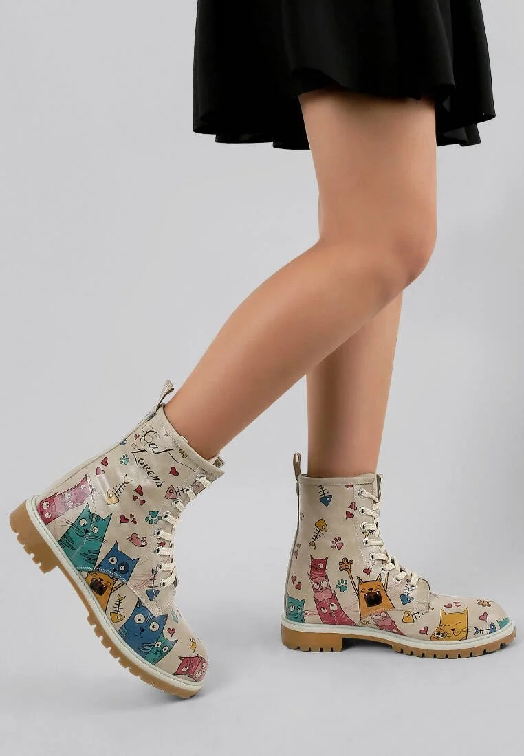 Femme Cuir Vegan Beige Bottes Longues - Cat Lovers Motif