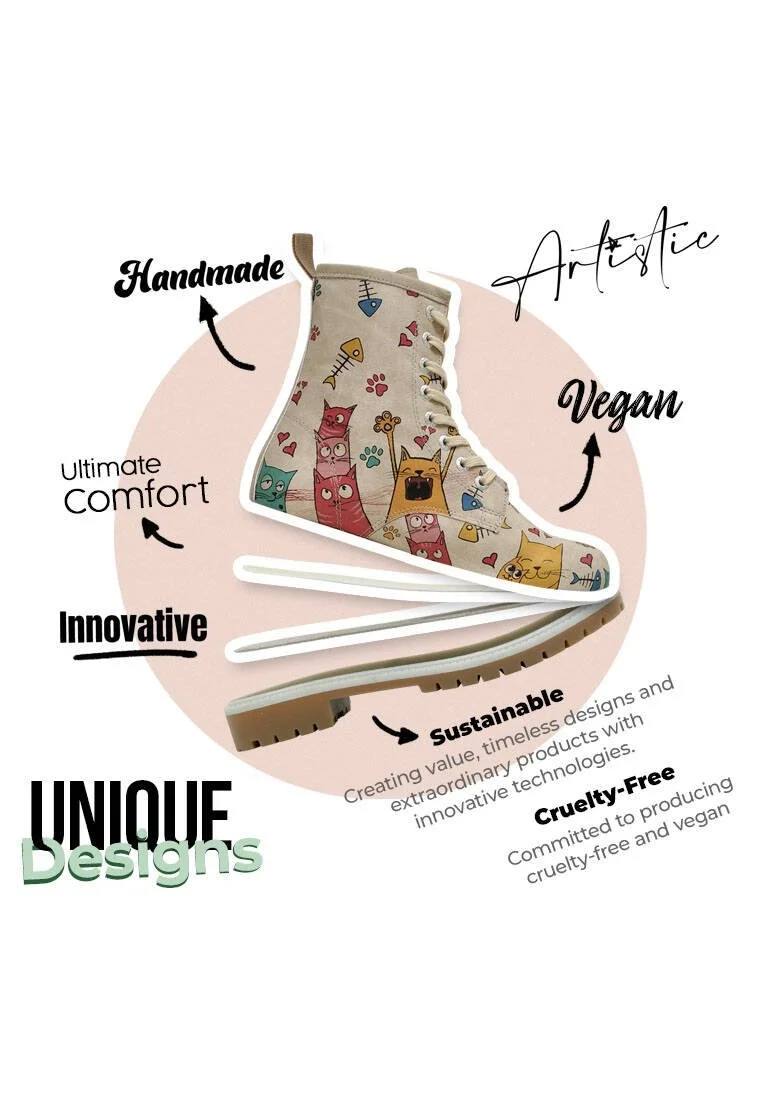 Femme Cuir Vegan Beige Bottes Longues - Cat Lovers Motif