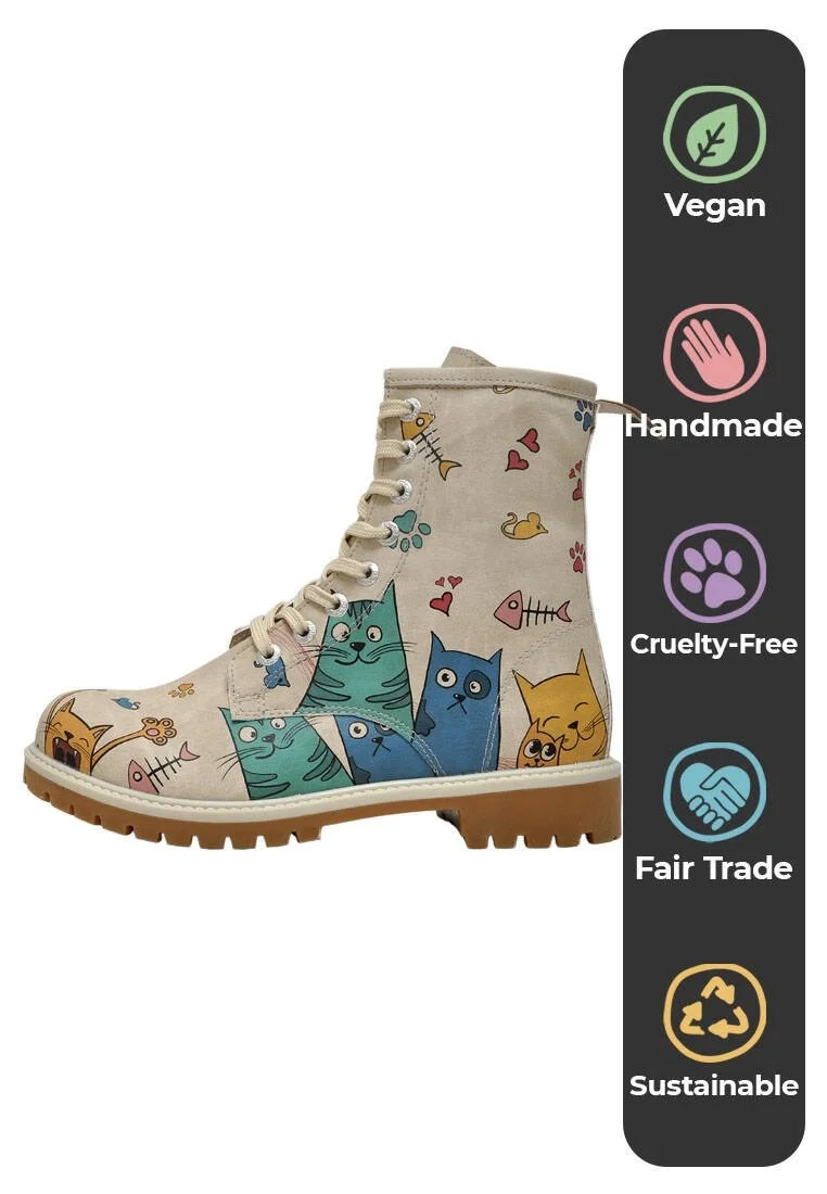 Femme Cuir Vegan Beige Bottes Longues - Cat Lovers Motif