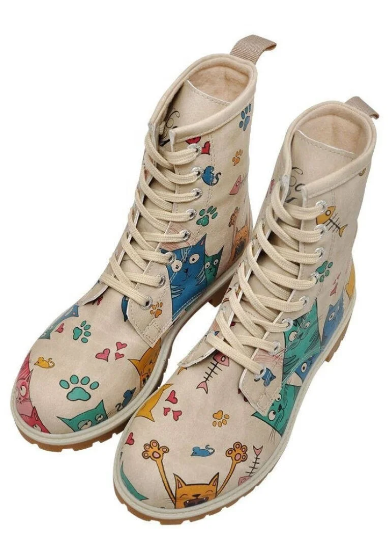Femme Cuir Vegan Beige Bottes Longues - Cat Lovers Motif