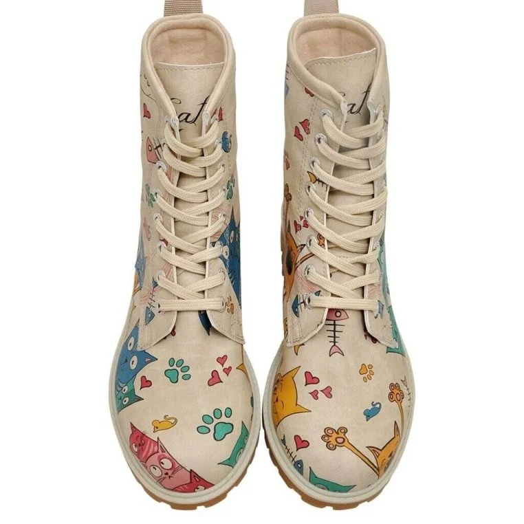 Femme Cuir Vegan Beige Bottes Longues - Cat Lovers Motif