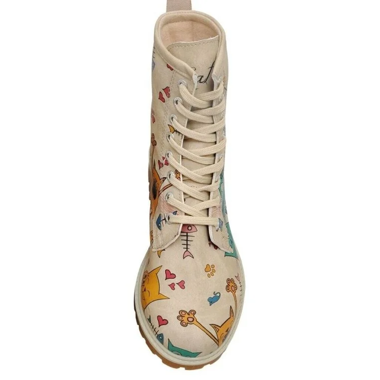 Femme Cuir Vegan Beige Bottes Longues - Cat Lovers Motif