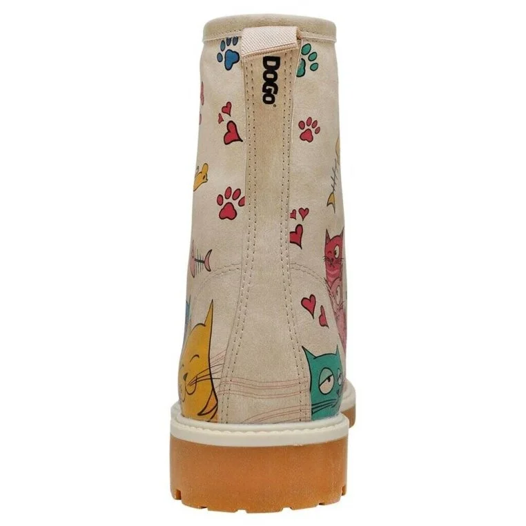 Femme Cuir Vegan Beige Bottes Longues - Cat Lovers Motif
