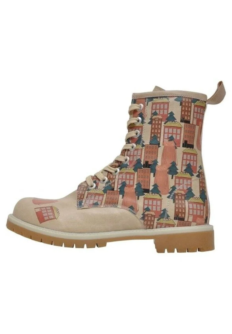 Femme Cuir Vegan Beige Bottes Longues - Home Sweet Home Motif