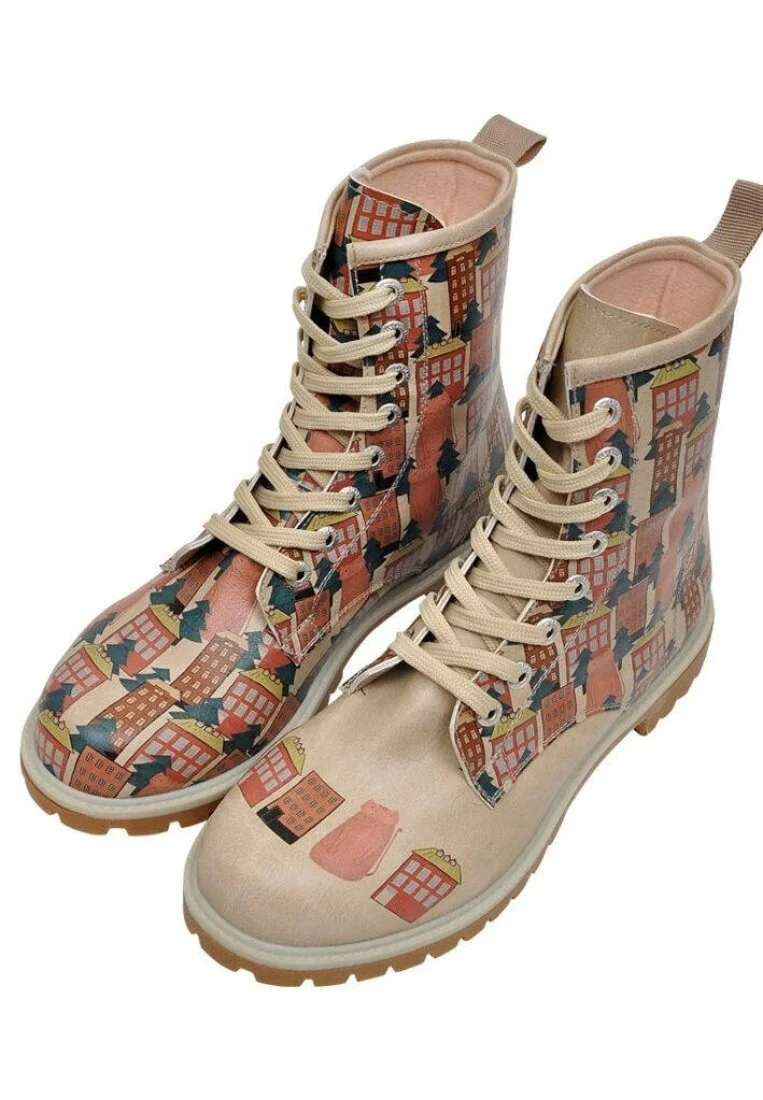 Femme Cuir Vegan Beige Bottes Longues - Home Sweet Home Motif