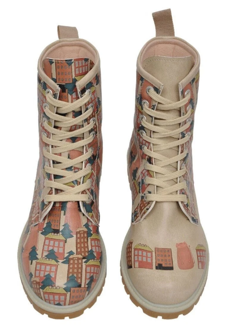 Femme Cuir Vegan Beige Bottes Longues - Home Sweet Home Motif