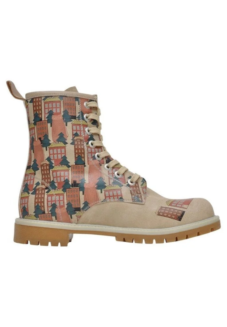 Femme Cuir Vegan Beige Bottes Longues - Home Sweet Home Motif