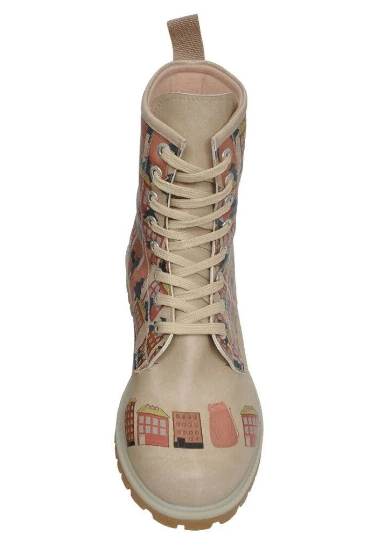 Femme Cuir Vegan Beige Bottes Longues - Home Sweet Home Motif